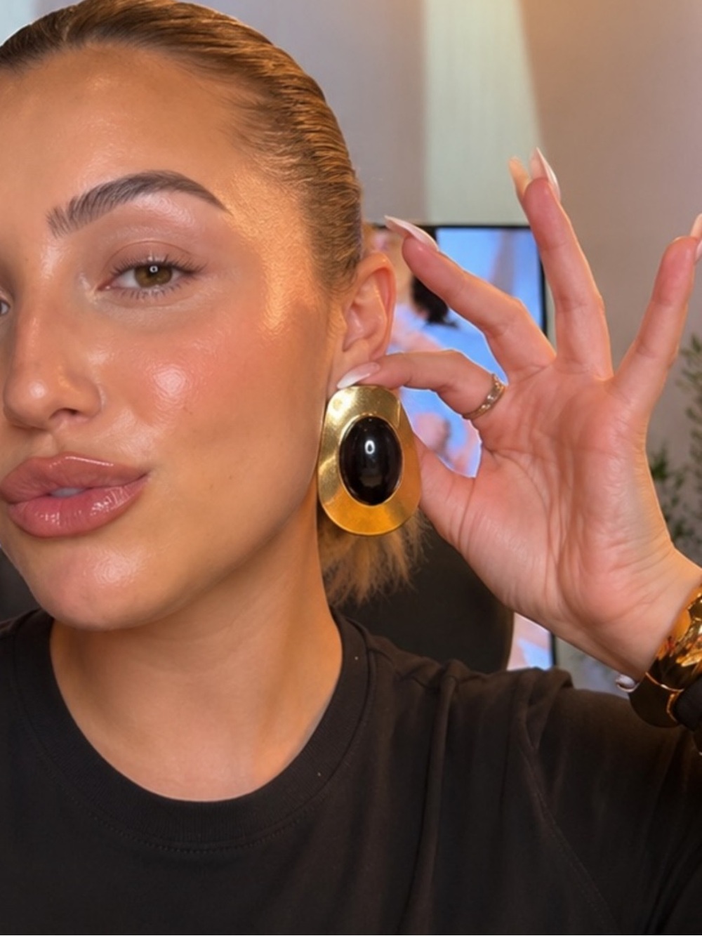 NEW Mayamar Gold Sculptural Black Resin Oval 18k Plated Earrings Statement